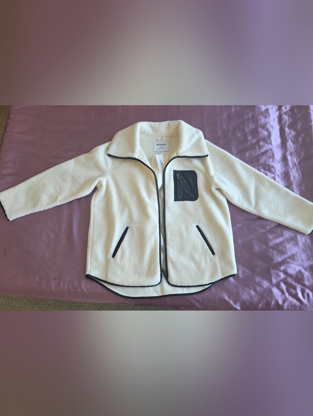 SPANX NWT Cream White Sherpa Fleece Full Zip Jacket Pocket XL